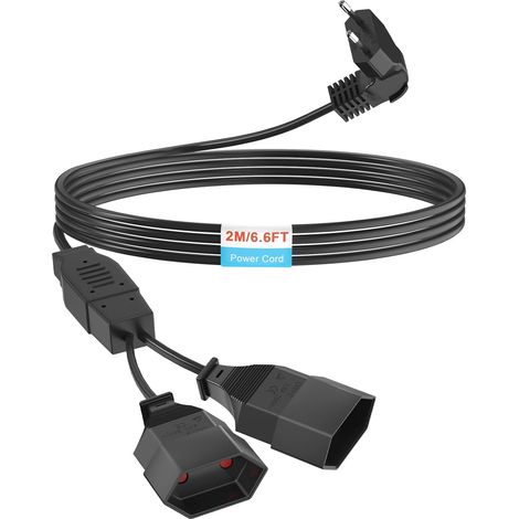 Câble d'extension 2 prises Euro - Longueur européenne - Câble d'alimentation de 2 m - Câble d'alimentation 2 en 1 - Triple prise de type C - 0,75 mm² max 2,5 A/250 V - Pour TV, PC, ordinateur (1/5)