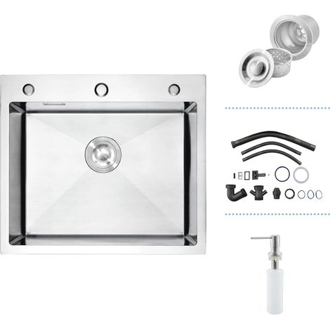 Évier Cuisine 55 x 50, Inox, Encastré, 3 Trous, 1 Bac, RV, Profond (1/5)