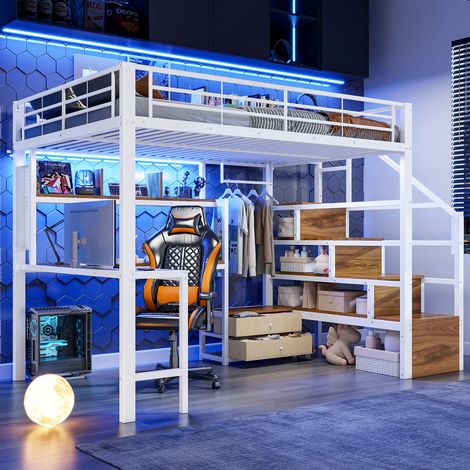 Lit Mezzanine 140x200 cm Blanc avec Bureau, Penderie, LED, Escalier de Rangement et 2 Tiroirs