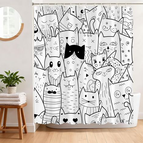 Rideau de Douche Chat Drôle Anti Moisissure 180 x 180 cm Rideau Douche Cartoon Illustration Chaton Tissu Polyester Imperméable Lavable Rideau Baignoire avec 12 Crochets (1/5)