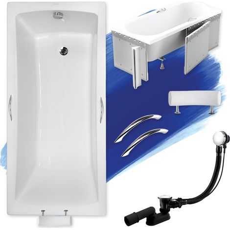 Baignoire Rectangulaire 170x70 avec des panneaux en polystyrène + poignée + appui-tête, Siphon de bain et pieds - Set 6en1 - BADLAND OPTIMA PREMIUM