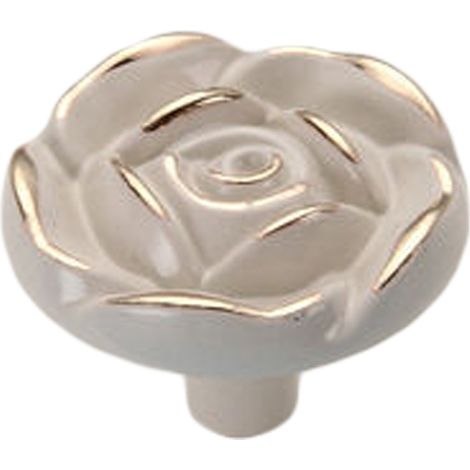 Poignée de tiroir fleur vintage en alliage de zinc 3D, bouton de placard Euro Rose ivoire à bord doré, pour cuisine, chambre et salle de bain, trou unique. (1/5)