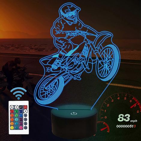 Cadeau idéal pour les garçons passionnés de moto cross : veilleuse 3D à effet de lumière, télécommande et 16 couleurs, parfaite pour décorer la chambre d'un adolescent.
