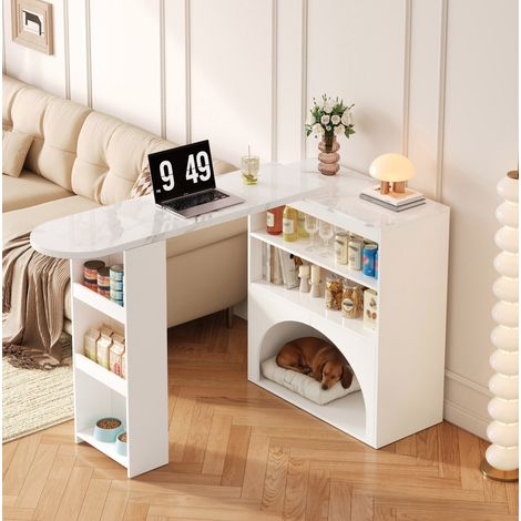 Credenza 120x80x100 cm con tavolo da pranzo estraibile, vani aperti, spazio per animali domestici e piano effetto marmo, bianca (1/5)