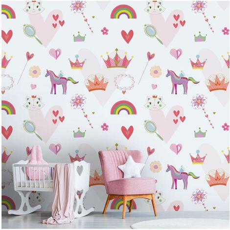 Photo wallpaper Profhome 391931 hot embossed non-woven wallpaper smooth with pattern for kids matt pink white fuchsia yellow 1.59 m x 2.8 m (1/4)