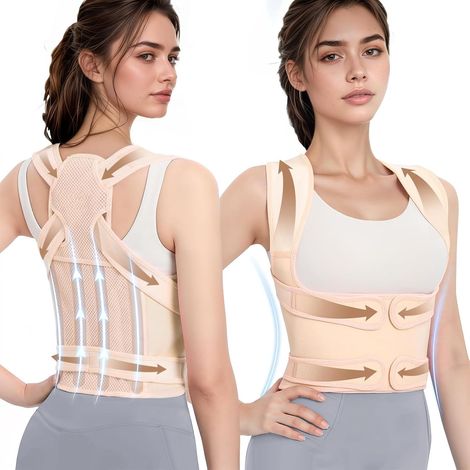 Correcteur de posture pour le dos, avec 4 barres de soutien, pour hommes et femmes, haute qualité, réglable, pour soulager les douleurs cervicales et des épaules (beige, M) (1/5)