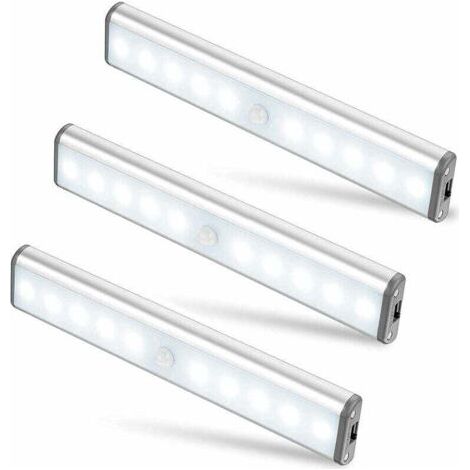 Lot de 3 lampes LED 10 LED, sans fil, rechargeables par USB, magnétiques, avec détecteur de mouvement, 2 modes d'éclairage, portables. Éclairage de placard, éclairage d'urgence, veilleuse pour enfants