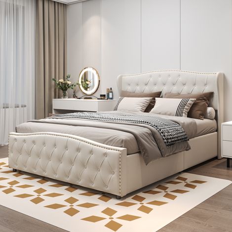 Cama 160x200 cm - tejido de terciopelo - somier - estructura de cama para adultos 160x200 cm - blanco roto (1/4)
