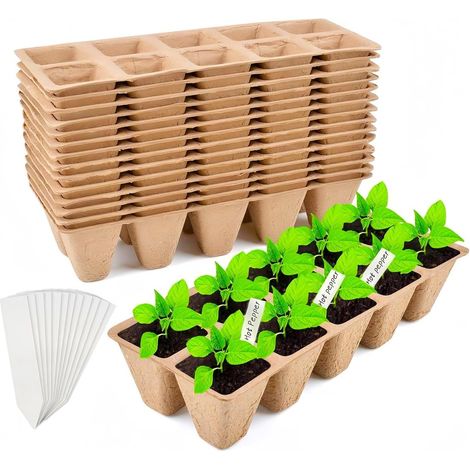 240 Cells Seedling Tray, 24 Pieces 10 Cells 4 cm Seed Germination Pot Biodegradable Fibre Transplanting Tray with 20 Labels for Plants, Fruits, Vegetables (22 cm x 9 cm) (1/5)