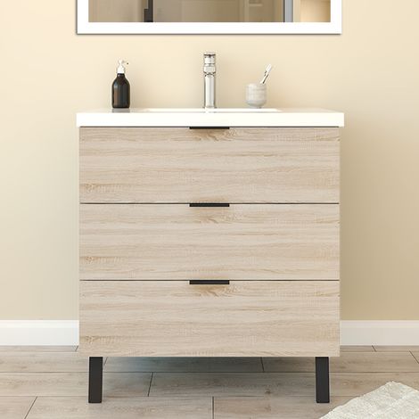 Meuble de Salle de Bain 60cm avec 3 tiroirs + 2 Pieds, Meuble simple vasque, Chêne (1/5)