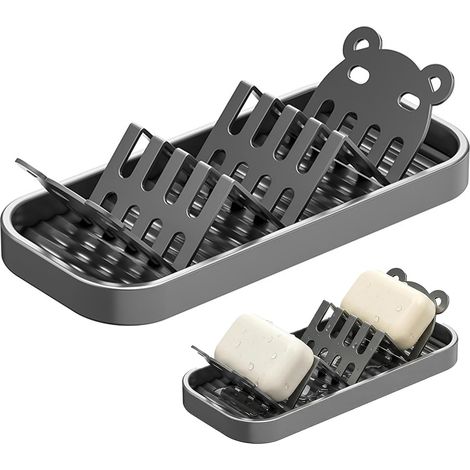 Porte-savon ours mignon avec bac égouttoir, porte-savon double face en forme de W, protège-savon étanche en acier au carbone pour la douche, la salle de bain et la cuisine, gris (1/5)