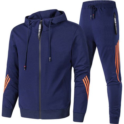 Ensemble sport homme décontracté, veste à zip et pantalon jogging, tenue running, sweat à capuche polaire bleu marine, automne hiver, 2 pièces (1/4)