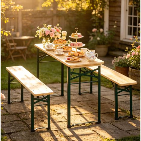 Set table et bancs pliants 170/46/75 cm naturel en métal et bois avec porte-parasol (1/4)