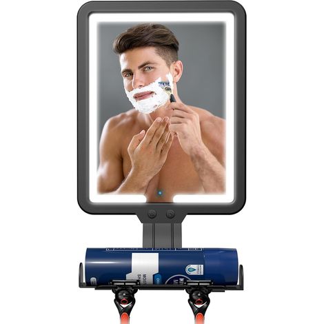 Anti-fog shower mirror with lighting, rechargeable, 3 color modes, with storage compartment, black 32×17.5cm (1/5)