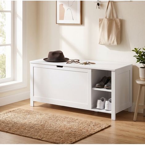 Zapatero 100x40x48,5 cm con compartimento elevable y estante regulable, estructura de madera blanca, para recibidor (1/5)