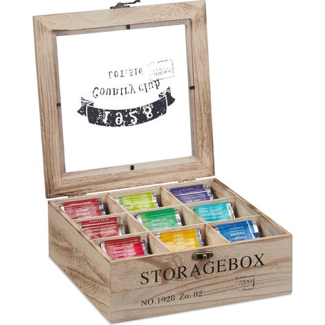 Relaxdays Teebox, 9 Fächer, Holz, Teekiste mit Sichtfenster, Teebeutel, Kaffeepads, Gewürze, HBT: 9 x 24 x 25 cm, natur
