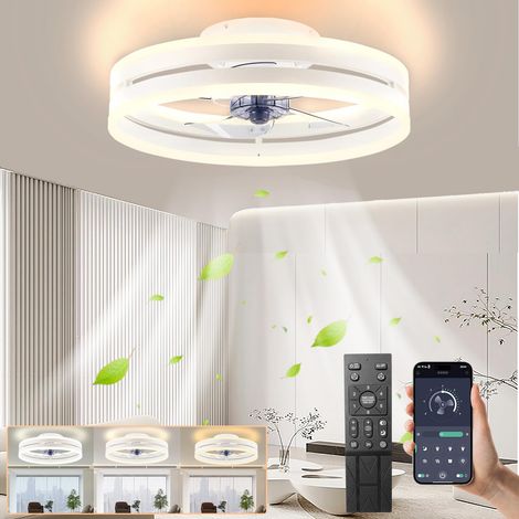 Ventilateur de plafond avec lumière, télécommande/contrôle APP, plafonnier LED à intensité variable, 3000K-6000K, 6 vitesses, minuterie, 40 cm