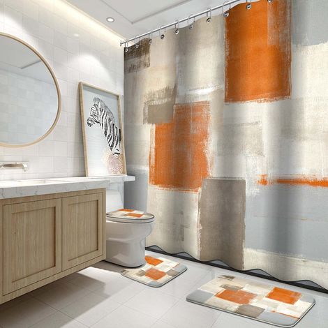 Ensemble de Rideaux de Douche 4 pièces avec Tapis, Peinture Moderne Orange et Blanc, Ensemble de Salle de Bain avec Rideau de Douche, Tapis et Accessoires (1/5)