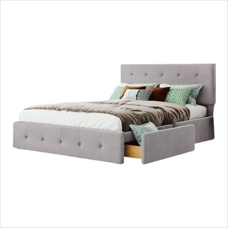 Lit rembourré 140 x 200 cm,lit double avec tiroirs,sommier à lattes et dossier,lit double doux pour la peau en tissu velours pour adultes et adolescents,gris (matelas non inclus)
