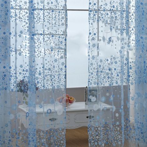 Voile Florale Translucide - Rideau en Polyester Respirant - Design Élégant avec Motif Fleuri - Bleu Ciel - 100x250cm / 39.4x98.4in (Prêts à Accrocher) - Idéal pour Salon, Bureau et Chambre (1/4)