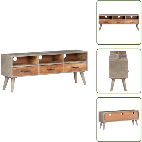 Meuble TV Gris 130x35x51 cm Bois massif de manguier brut - Meubles Tv - Meuble Tv - Meuble Rangement - Salon - Design Moderne (1/5)