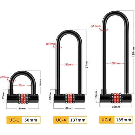 Cadenas à combinaison antivol en U 4 chiffres – Longue anse étanche pour vélo – Serrure double mortaise réinitialisable – 50mm