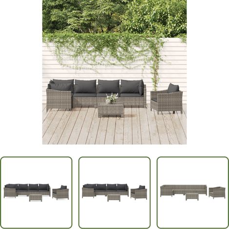 vidaXL Fauteuil extérieur -  Salon de jardin 7 pcs avec coussins Gris Résine tressée (1/5)