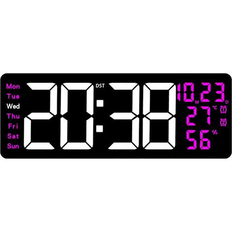 Grande horloge murale LED avec télécommande affiche la température, la date et le jour de la semaine format 12/24 heures convient à une décoration élégante pour la maison et le bureau rouge rose. (1/5)
