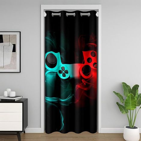 Gradient Gamepad Rideau Porte,Bleu Vert Ombre Game Rideau Occultant,Contrôleur de Jeux Vidéo Rideau de Porte,Console de Jeux pour Enfants Noir Rideaux de Séparation de Chambre Porte Temporaire,86x203 (1/5)