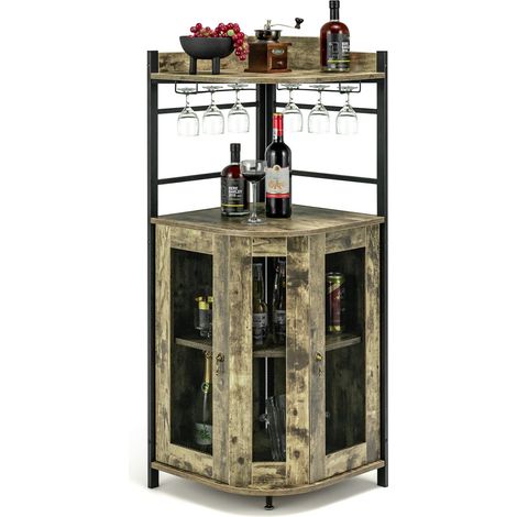Meuble bar d'angle industriel taupe avec porte-gobelets, étagère réglable et portes grillagées pour salon, salle à manger et bureau (1/5)
