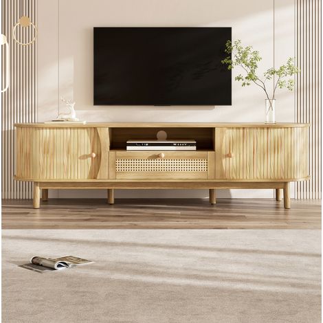 Mueble TV 165x37x46 cm natural en MDF con ratán, puertas correderas y cajones (1/5)