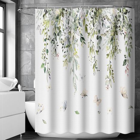 CCYKXAA 150x180cm Green Plant Shower Curtain Sage Eucalyptus Butterfly Bath Curtain Weighted Hem Beautiful Printed Waterproof Polyester Fabric Shower Curtain Anti-Mold Washable with 12 Hooks (1/5)