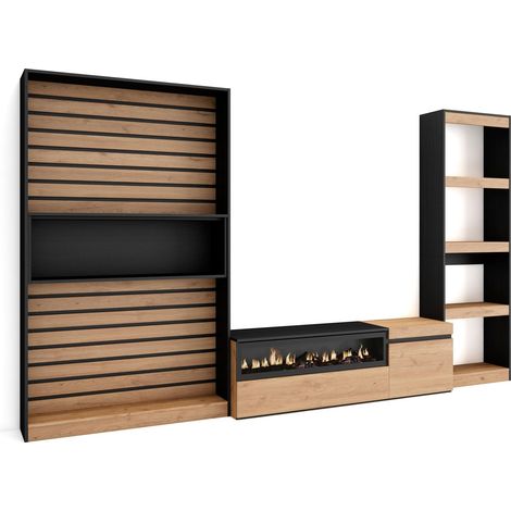 Skraut Home – Ensemble meuble TV moderne avec cheminée électrique – Dimensions 320x35x186cm – Chêne et noir – Rangement optimisé pour salon (1/5)