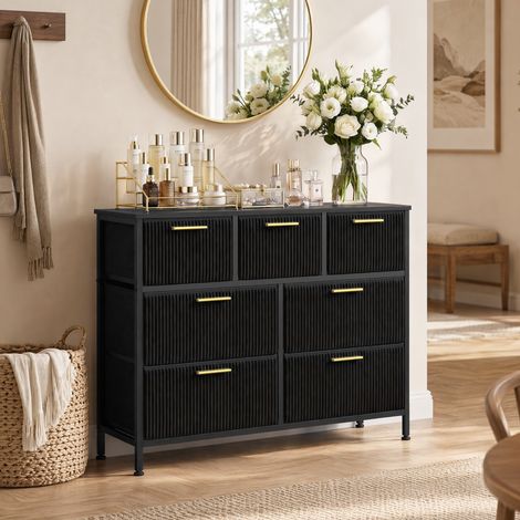 Commode 7 Tiroirs en Velours Côtelé, Meuble de Rangement Chambre, 98,7 x 30 x 74,7 cm, Noir (1/5)