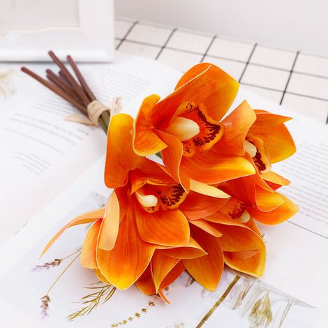Orquídeas artificiales, ramo de 6 orquídeas impresas en 3D, rama flexible de 26 cm de largo, orquídea artificial naranja, ideal para celebraciones, bodas y como regalo para el hogar. (1/5)