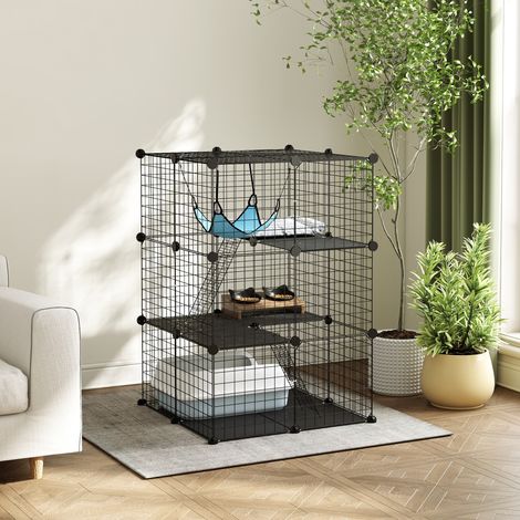 Cage Chat Intérieur Enclos Chat Modulable 3 Portes Hamac Échelle pour Petits Animaux de Compagnie 70x70x105cm Noir (1/5)