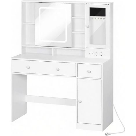 Tavolo da trucco bianco con specchio LED, prese USB e ampio spazio contenitivo (1/5)