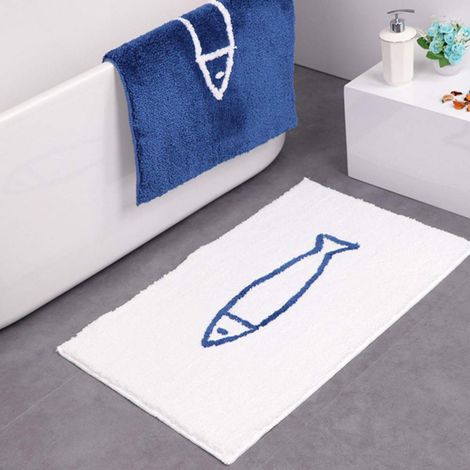 Tapis de bain antidérapant pour salle de bain Motif poisson Bleu/blanc, Polyester, Weiß, 40 x 60 cm