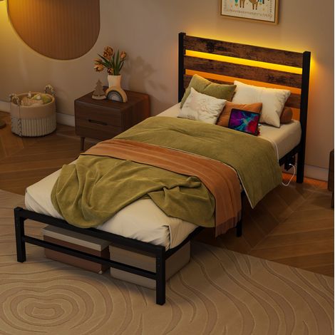 Lit 120x200 cadre métal MDF brun antique avec LED HAVRYA (1/5)