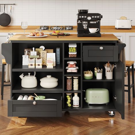 Küchenschrank auf Rollen (129 x 46 x 96 cm), mit Schubladen und Türen, offenes Regal, MDF, Schwarz (1/5)