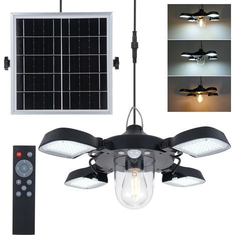 Suspension solaire 192 LED avec détecteur de mouvement PIR, 4 panneaux, ampoules incluses, étanche, idéale pour garage, terrasse ou extérieur, avec télécommande. (1/5)