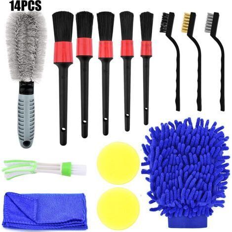 Lot de Brosse Nettoyage Voiture, 14 PCS Kit de Brosse Nettoyage Voiture Multifonctionnelle pour Intérieur & Extérieur, Kit de Nettoyage Brosse de Voiture pour Voiture Beauté/Moteur/Roue/Panneaux (1/5)