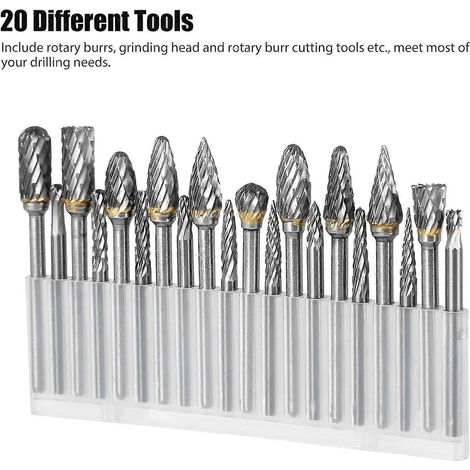 20 outils rotatifs en carbure de tungstène, double tête de coupe, queue de 1/8 pouce, pour l'usinage, l'ébavurage, l'émoussement, le polissage et la sculpture des arêtes vives. (1/5)