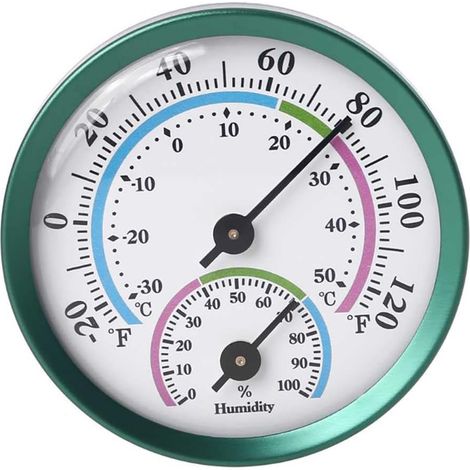 Grünes, farbenfrohes Mini-2-in-1-Analog-Thermometer und Hygrometer für den Innenbereich, Temperatur- und Feuchtigkeitsmesser für Zimmer, Außenbereich und Büro, mechanisches Display, keine Batterien er