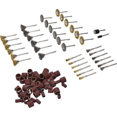 Kit de polissage de 98 pièces comprenant brosse métallique, tambour de ponçage et embouts de meulage pour céramique et verre. (1/5)