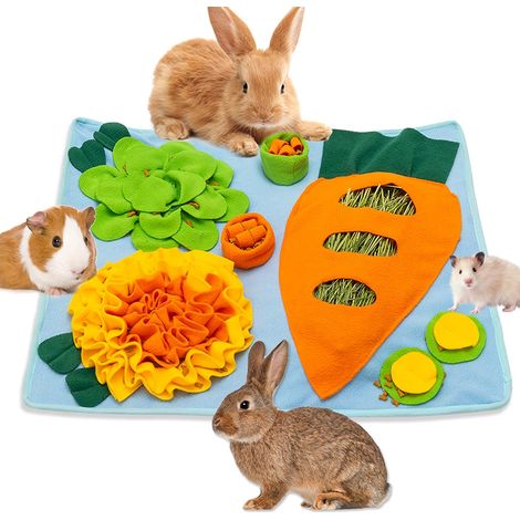 Heuraufe für Kaninchen, interaktive Futtermatte aus Fleece für Kleintiere, rutschfeste Futtermatte und maschinenwaschbarer Leckerli-Spender (1/5)