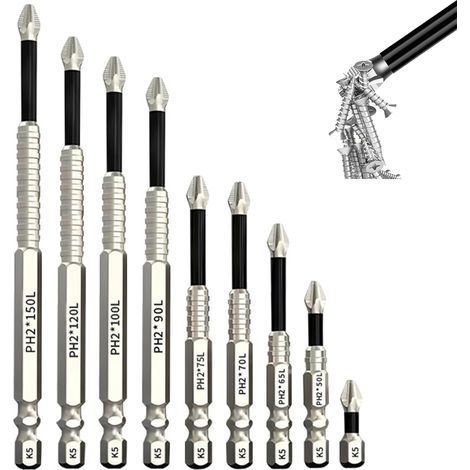 9 Pièces Embout Visseuse Aimanté Magnétique Embout Visseuse Long Multifonction Tournevis Torx 25/50/65/70/75/90/100/120/150 cm Embouts Torx Antidérapant pour Perceuse Électrique (1/5)