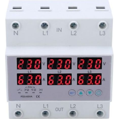 Voltmètre triphasé sur rail DIN, CA 390-500 V, voltmètre ampèremètre triphasé sur rail DIN, protection automatique contre les surtensions et les surintensités, multitesteur (63 A)