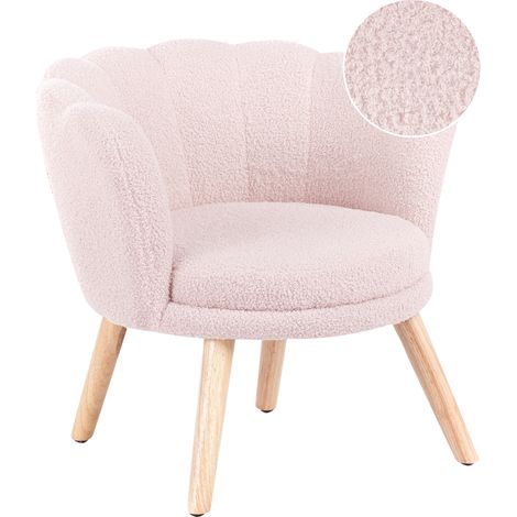 Sillón infantil silla tapizada de bouclé para niños patas de madera rosa pastel Halby