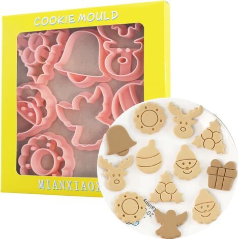 Set mit 8 Mini-Weihnachtsplätzchenausstechern aus Kunststoff: Baum, Schneeflocke, Weihnachtsmann, Rentier, Geschenkbox, Engel, Glocke, Laterne